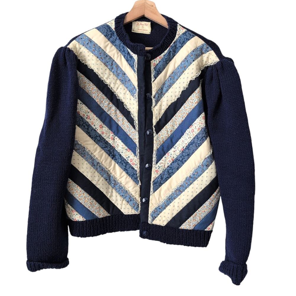 Vintage Handmade Knit Womens Cardigan Sweater Small Quilted Grannycore Cottage